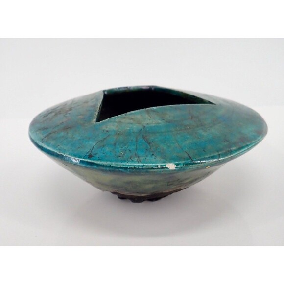 Turquoise Blue Signed Raku Sculpture Pottery Vase Bowl Iridescent Drip Glaze 8" - Picture 6 of 16